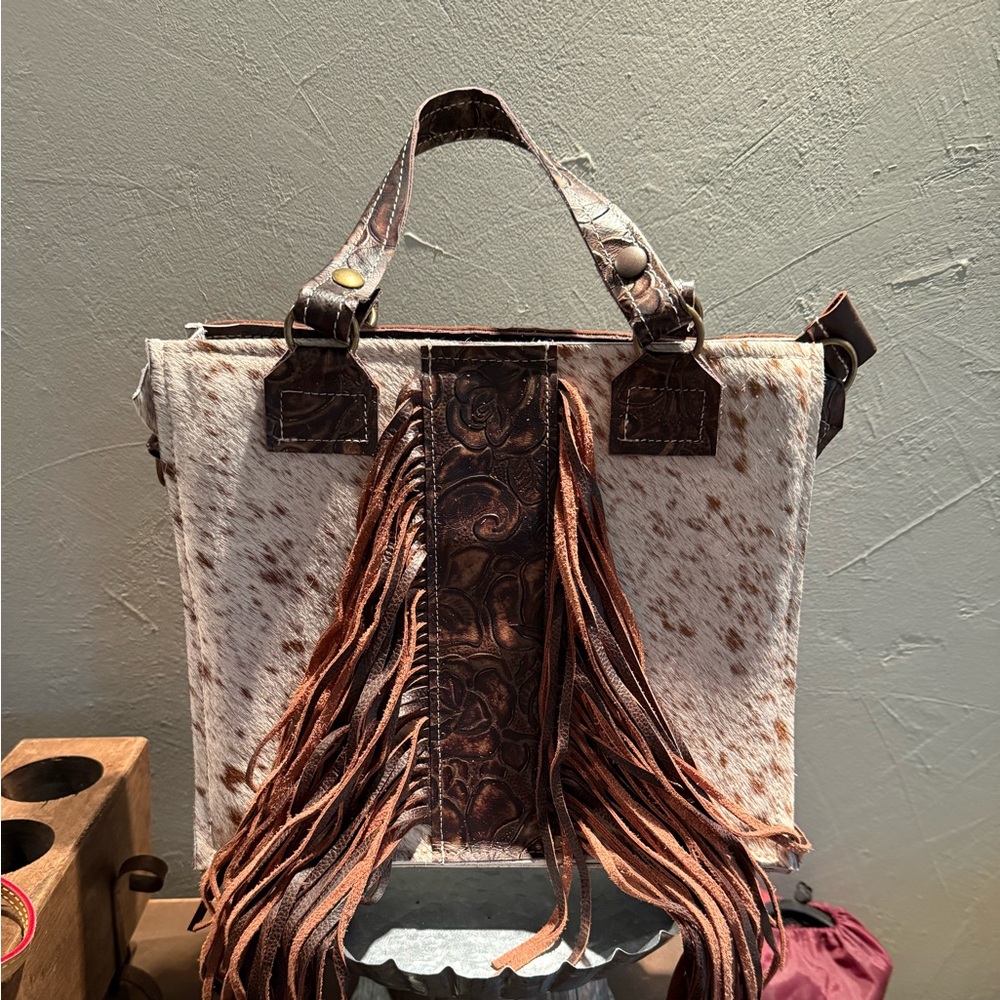 Rustic Brown and Cream Leather Fringe Shoulder Bag